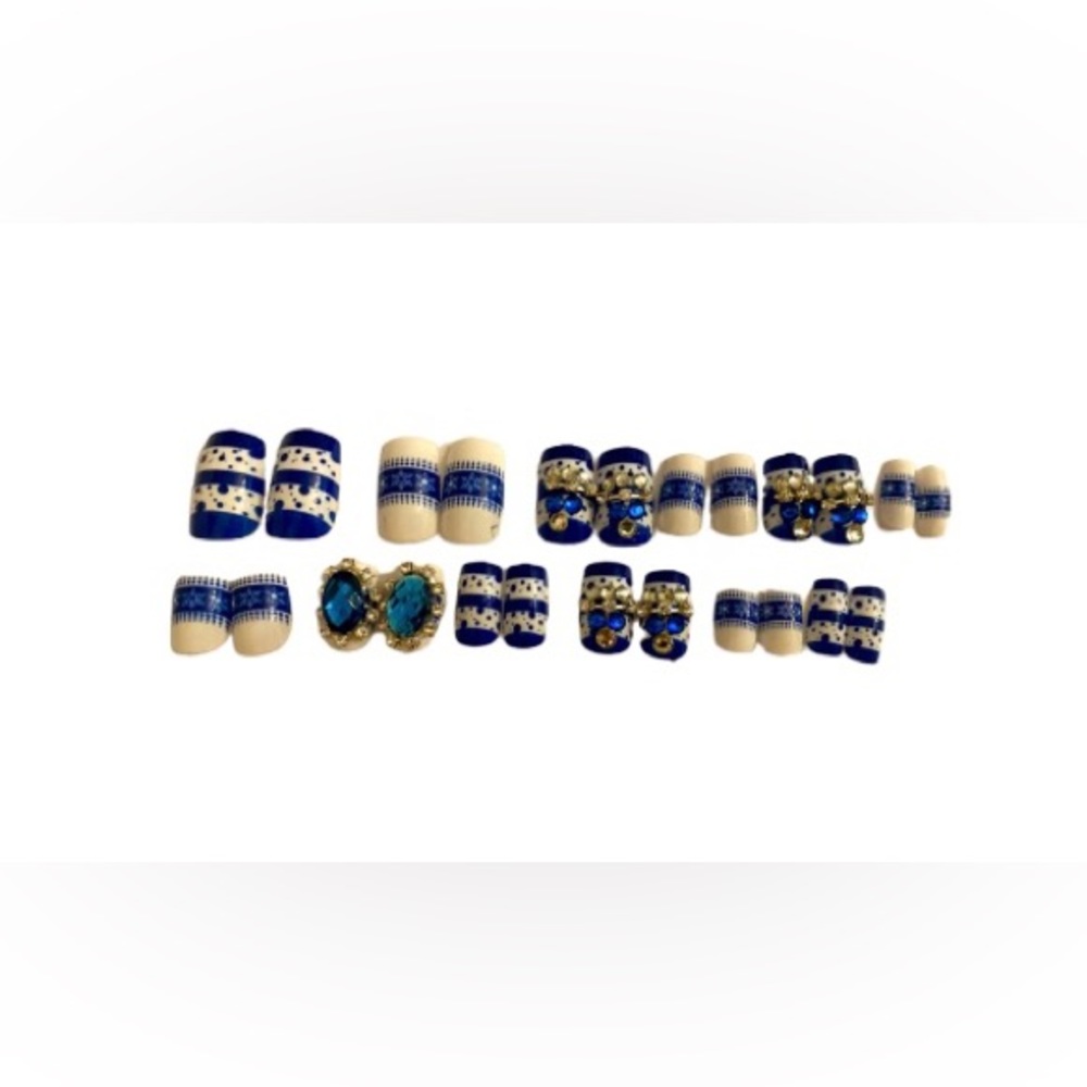 New Blue & White Navy Snowflake Sweater Big Jewels Bling Mani Nails